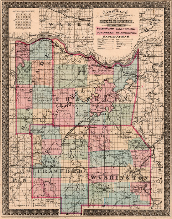 Crawford County Mo Map Crawford, Franklin, Gasconade, And Washington Counties, Missouri Campbell's  1872 Historic Map Reprint