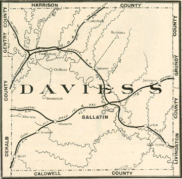 Early map of Daviess County, Missouri with Gallatin, Jamesport, Jameson, Pattonsburg, Altamont, Winston, Lock Springs, Coffey, Civil Bend, Carlow
