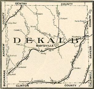 Early map of Dekalb County, Missouri with Maysville, Stewartsville, Union Star, Clarksdale, Amity, Bayfield, Boxford, Fairport, Gridley, Orchid, Osborn, Santa Rosa, Weatherby, Winslow