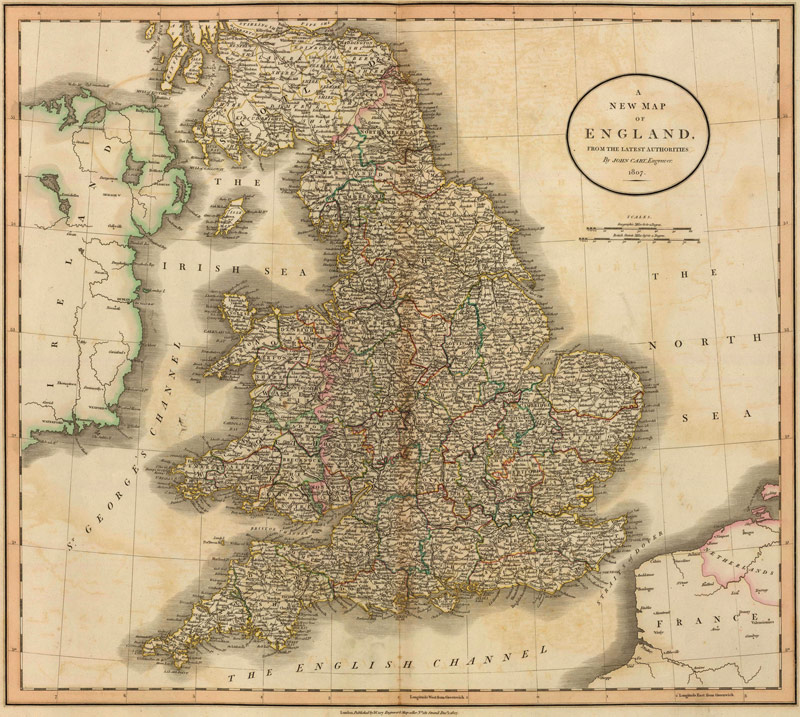England 1807 Historic Map by John Cary