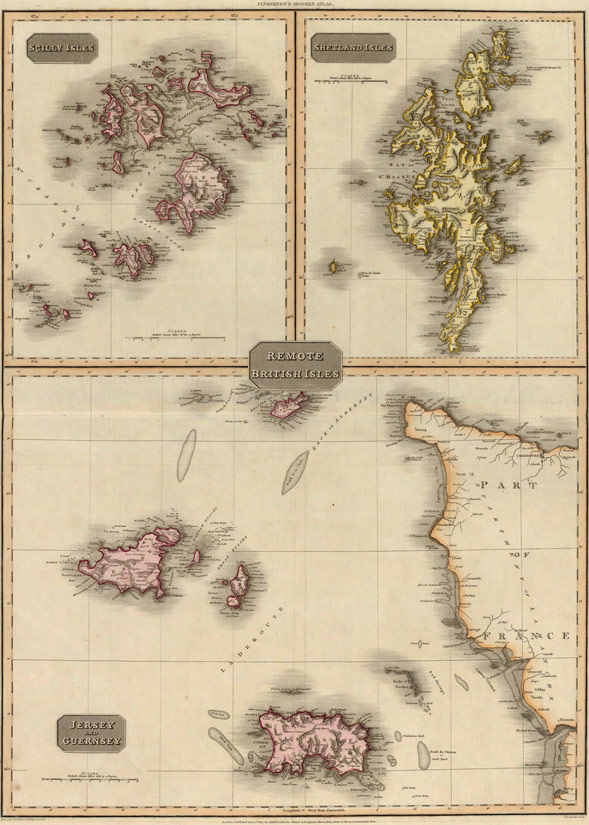 England Remote British Isles of Shetland, Jersey, Guernsey and Scilly Island, 1814 Historic Map from Pinkerton's Modern Atlas