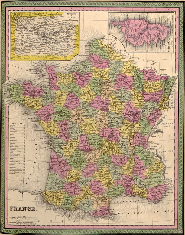 France 1849 Mitchell Historic Map, reprint