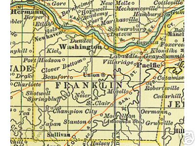 Early map of Franklin County, Missouri including, Union, Washington, Sullivan, Pacific, New Haven, Stanton, St. Clair, 
