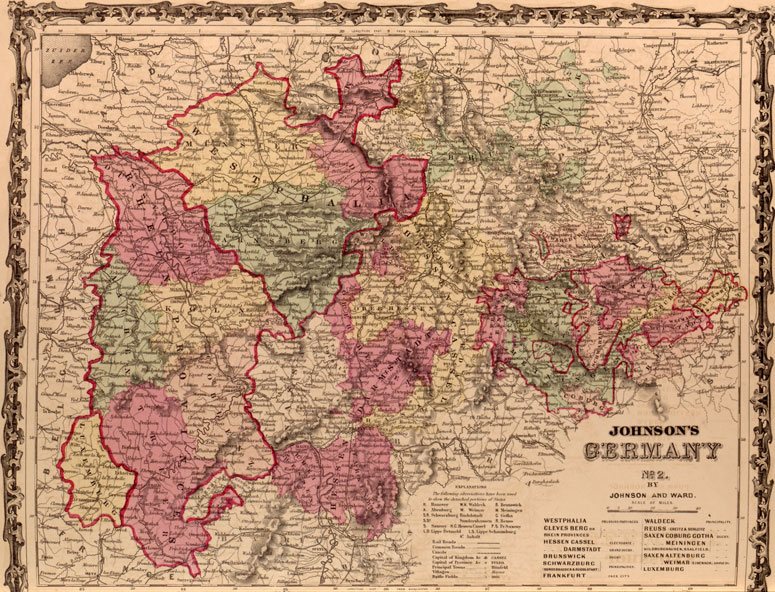 Germany Southern 1862 Johnson and Ward Historic Map reprint