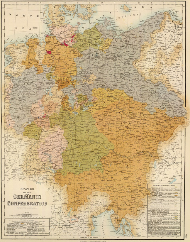 Germany Austria Prussia Germanic Confederation 1872 Historic Map by Johnson - Fullarton