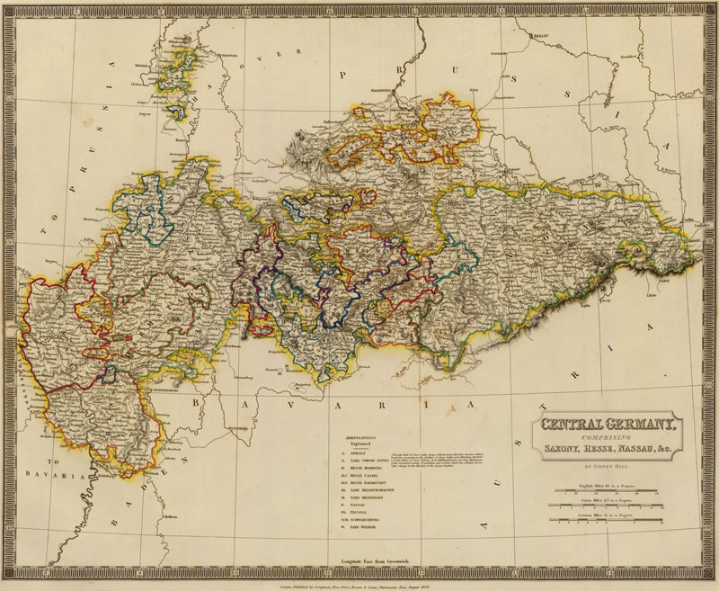 Central Germany 1828 Historic Map with Saxony, Hesse, Nassau