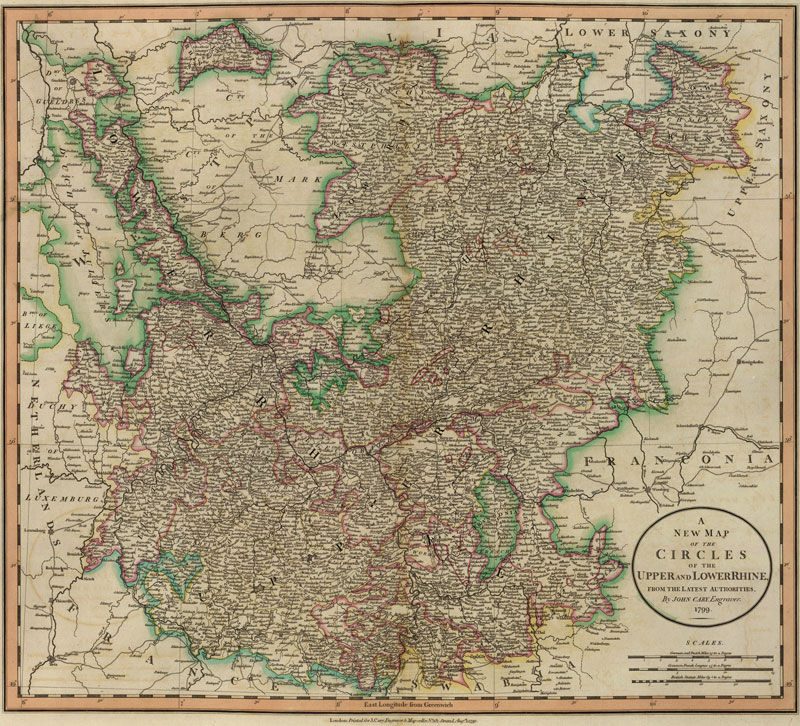 Germany - Circles of Upper and Lower Rhine 1799 Historic Map by Cary