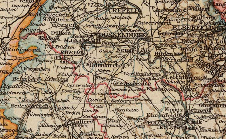 Detail of Germany Rhine, Westphalia, Hesse-Nassau, Waldeck, Lippe, Hesse 1895 Historic Map by Andree