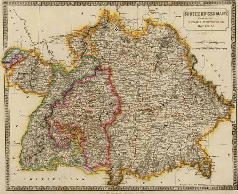 Southern Germany 1828 Historic Map with Bavaria, Wirtemberg, Baden