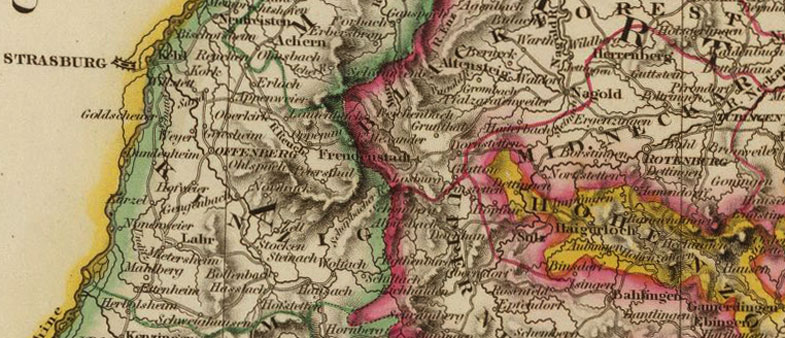 Detail of Southern Germany 1828 Historic Map with Bavaria, Wirtemberg, Baden