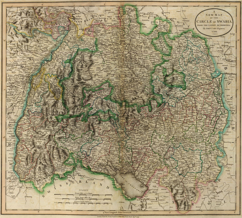 Germany - Circle of Swabia 1799 Historic Map by Cary