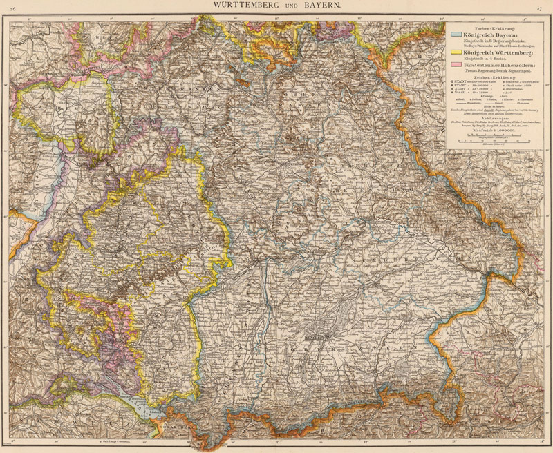 Germany Wurttemberg and Bavaria 1881 Historic Map by Andree