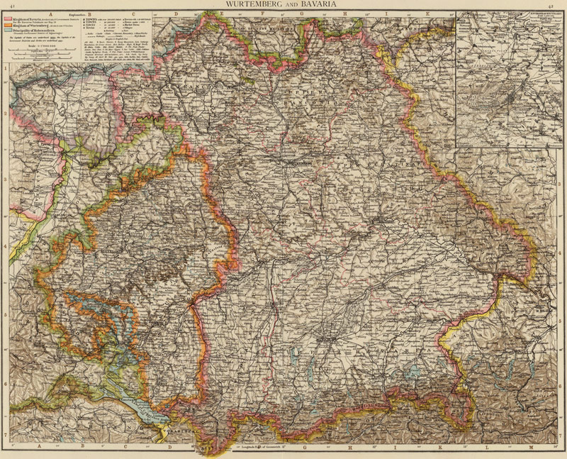 Germany Wurttemberg and Bavaria 1895 Historic Map by Andree