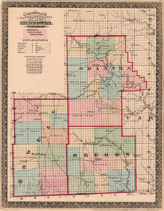 Howell County, Oregon County and Shannon County, Missouri 1872 Campbells Atlas Historic Map reprint