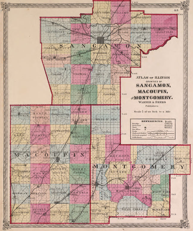 1870 Sangamon, Macoupin, and Montgomery Counties Illinois Historic Map Reprint