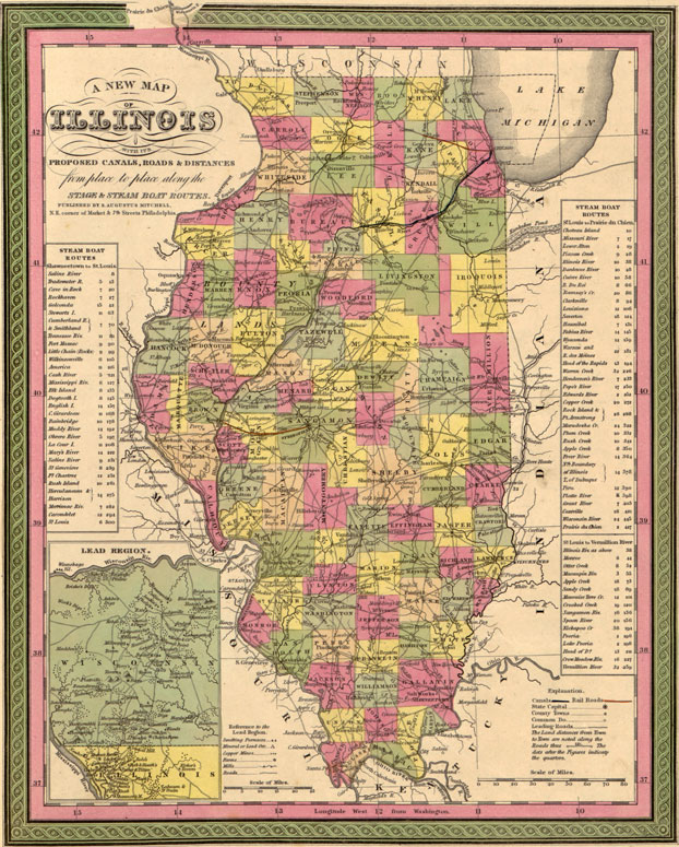 Illinois State 1849 Historic Map Mitchell Reprint