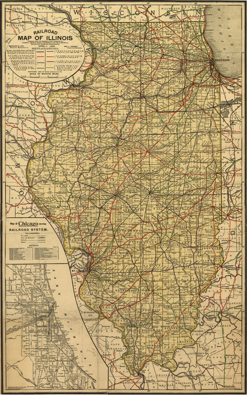 Illinois State 1898 Historic Railroad Map Rand McNally Reprint