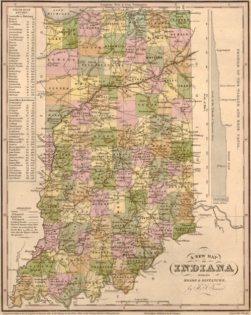 Indiana State 1841 Historic Map by Tanner, Reprint
