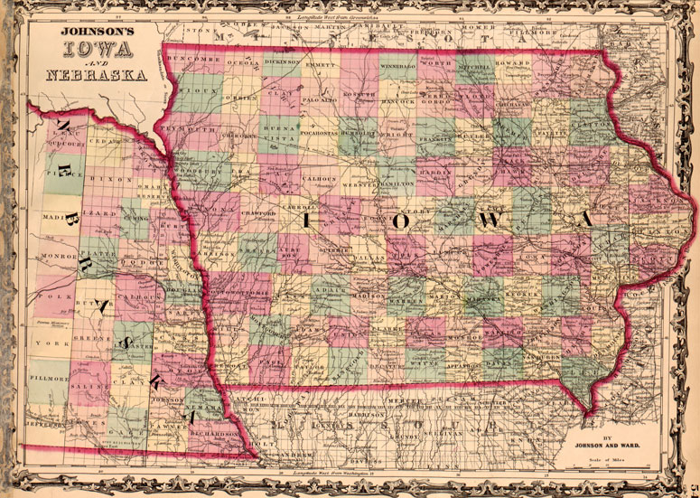 Iowa State and Nebraska Territory 1862 by Johnson & Ward Historic Map Reprint