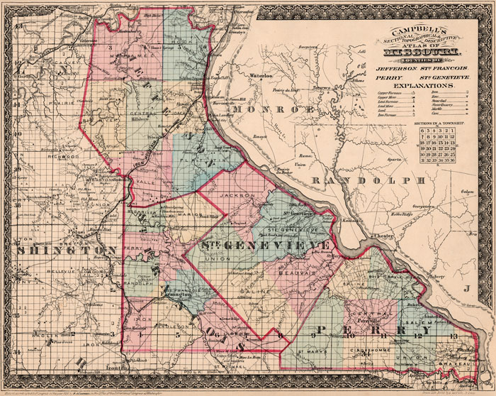 Jefferson County, Perry County, Ste. Francois County and Ste. Genevieve County, Missouri 1872 Campbells Atlas Historic Map reprint