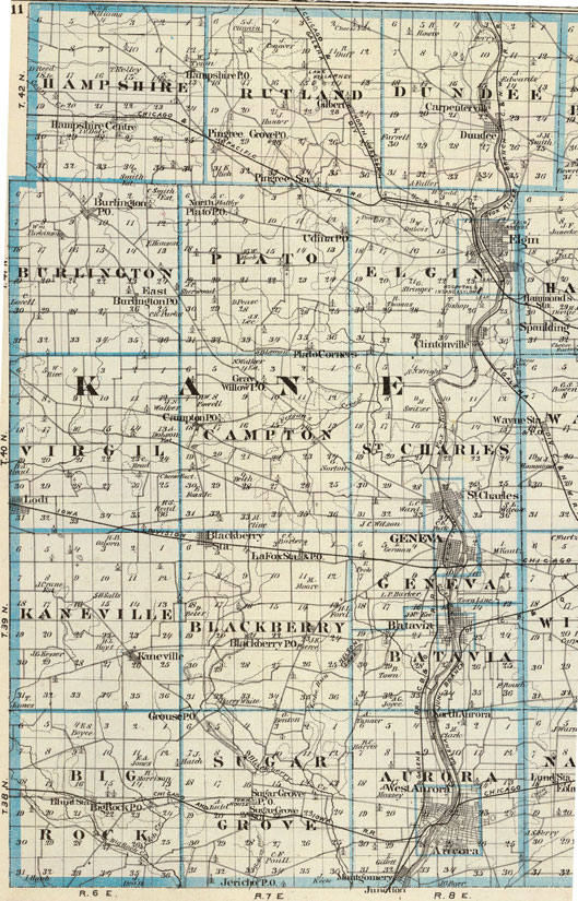 Kane County, Illinois 1876 Historic Map Reprint by Union Atlas Co., Warner & Beers