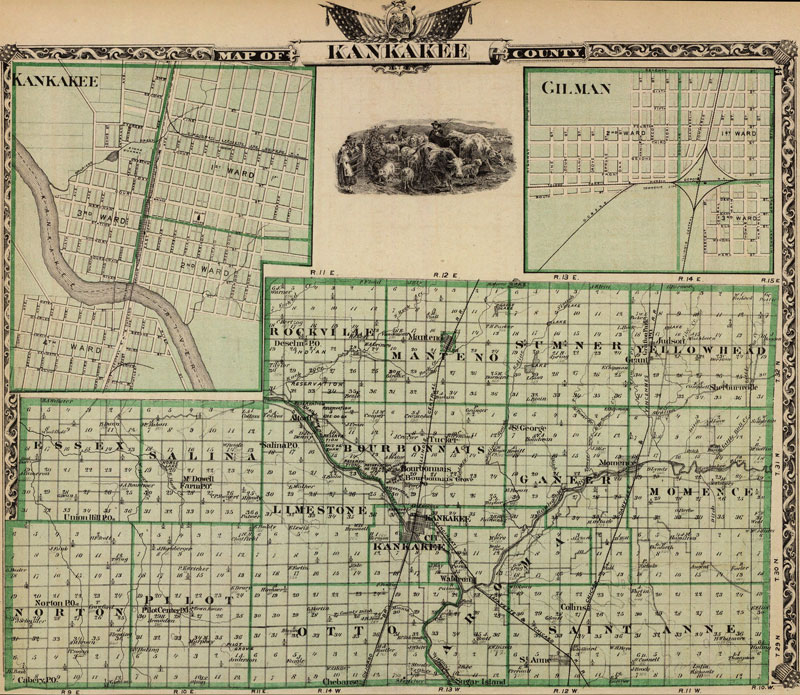 Kankakee County, Illinois 1876 Historic Map Reprint by Union Atlas Co., Warner & Beers