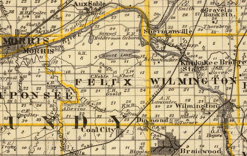Detail of Kendall, Will, Grundy County and south part of Cook County, Illinois 1876 Historic Map Reprint by Union Atlas Co., Warner & Beers