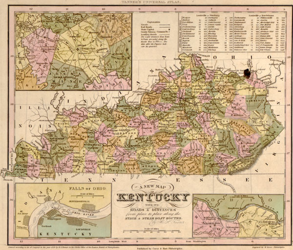 Kentucky State 1839 Historic Map by Tanner, Reprint