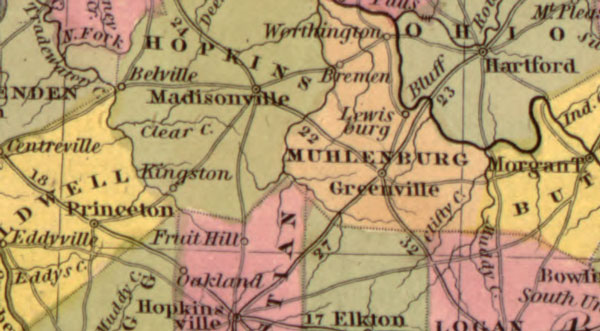 Kentucky State 1849 Historic Map by S. Augustus Mitchell, detail
