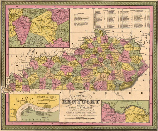 Kentucky State 1849 Historic Map by S. Augustus Mitchell, Reprint