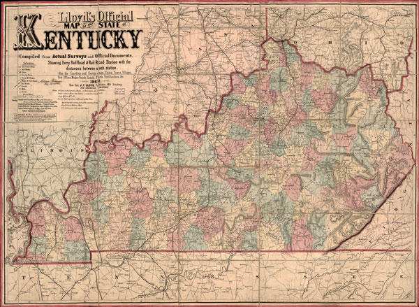 Kentucky State 1862 Historic Map by J. T. Lloyd, Reprint