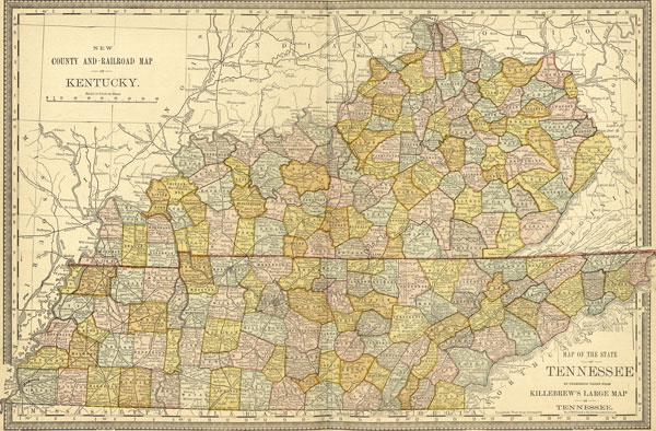 Kentucky and Tennessee State 1881 Historic Map, Killebrew, Rand McNally Reprint