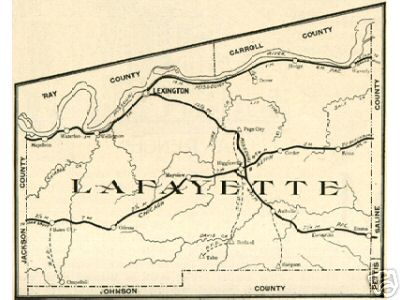 Early map of Lafayette County, Missouri including Lexington, Higginsville, Concordia, Odessa, Waverly, Dover, Bates City, Mayview, Corder, Wellington