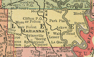 Early map of Lee county, Arkansas including Marianna, Haynes, Moro, La Grange, Park Place, Clifton, Oak Forest, History, Genealogy
