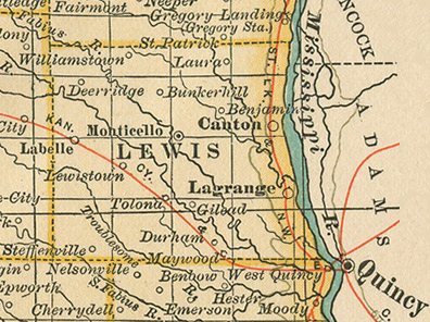 Early map of Lewis County, Missouri with Canton, La Belle, Lewistown, La Grange, Ewing, Monticello, Durham, Steffenwood, Maywood, LaBelle, LaGrange