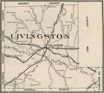 Early map if Livingston County Missouri including Chillicothe, Utica, Chula, Wheeling, Avalon, Dawn, Ludlow, Mooresville