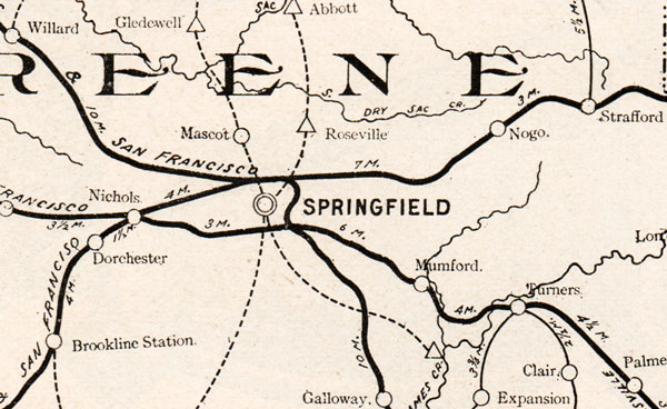 Greene County, Missouri 1904 Historical Map Reprint, Roads and Railroads, Springfield, Willard, Republic, Ash Grove, Strafford, Walnut Grove, Ebenezer, Fair Grove, detail