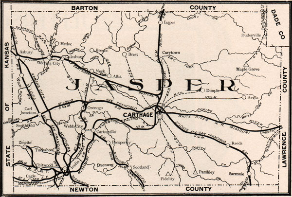 Jasper County, Missouri 1904 Historical Map Reprint, Roads and Railroads, Joplin, Carthage, Webb City, Sarcoxie, Carl Junction, Oronogo, Duenweg, Jasper