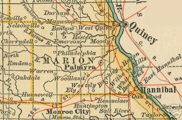 Early map of Marion County, Missouri including Hannibal, Palmyra, Philadelphia, West Quincy, Woodland, Warren