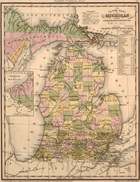 Michigan State 1841 Historic Map by Tanner, Reprint