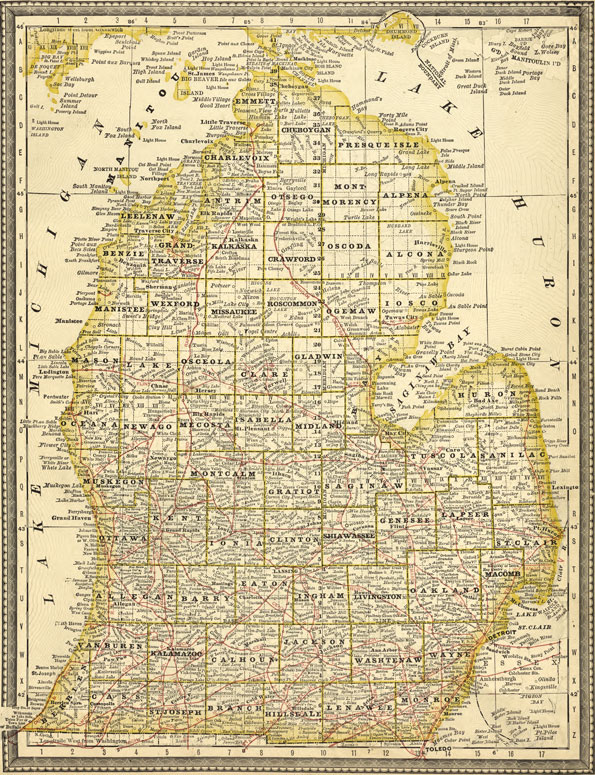 Michigan State 1881 Rand McNally Historic Map Reprint