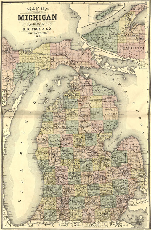 Michigan State 1885 H. R. Page Historic Map Reprint