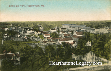 Early vintage postcard with birdseye view of Higginsville, Missouri in Lafayette County, MO. 