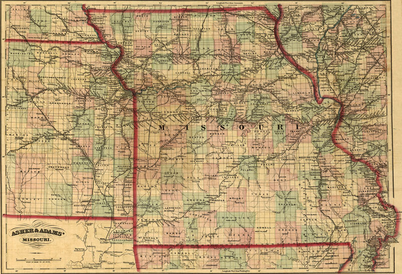 Missouri and Kansas 1872 Historic Map by Asher and Adams