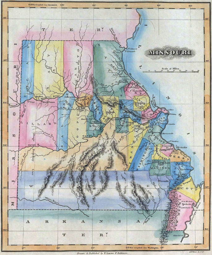 Missouri State 1823 Historic Map by Fielding Lucas