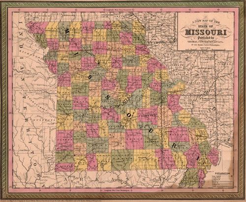 Missouri State 1850-51 Historic Map by Thomas, Cowperthwait, Version B, Reprint