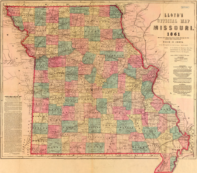 Missouri State 1861 Historic Map by J. T. Lloyd