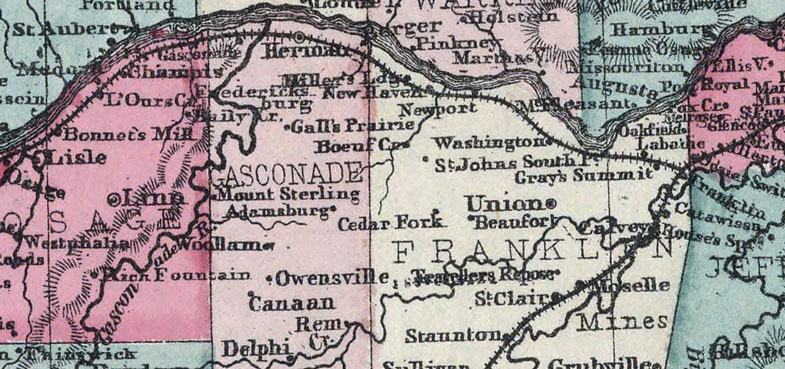 Detail of Missouri State 1866 Historic Map by Schonberg & Co.