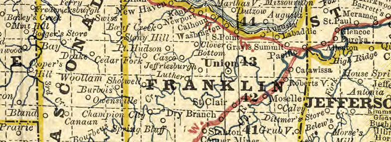 Detail of Missouri State 1881 Historic Map by Rand McNally, published by H. H. Hardesty