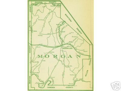 Early map of Morgan County, Missouri including Versailles, Stover, Syracuse, Gravois Mills, Akinsville, Boylers Mill